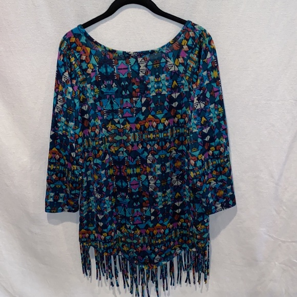 Joni B. Women’s Aztec/Tribal Print Fringe Hem 3/4 Sleeve Tunic Top Size L - Picture 5 of 8